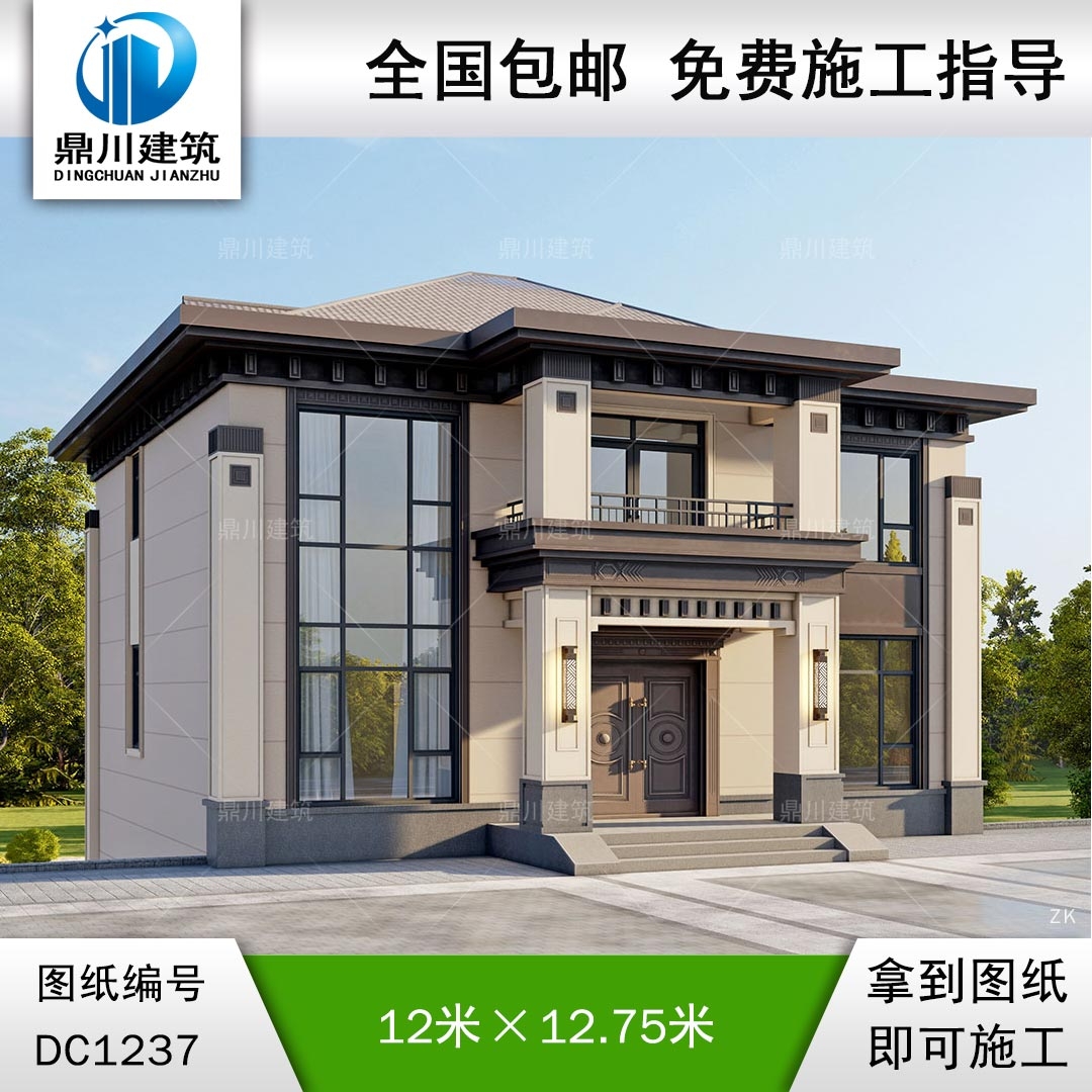 新中式三層帶架空層復式別墅施工圖紙及效果圖_農(nóng)村自建別墅設計,鼎川建筑